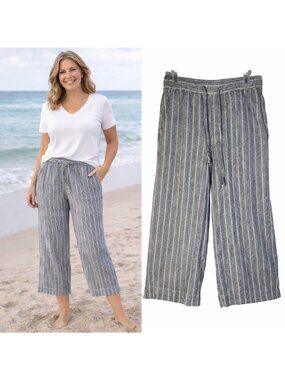 GAP Women's Blue Striped Linen-Blend Cropped Pants Small Beach Resort Vacation